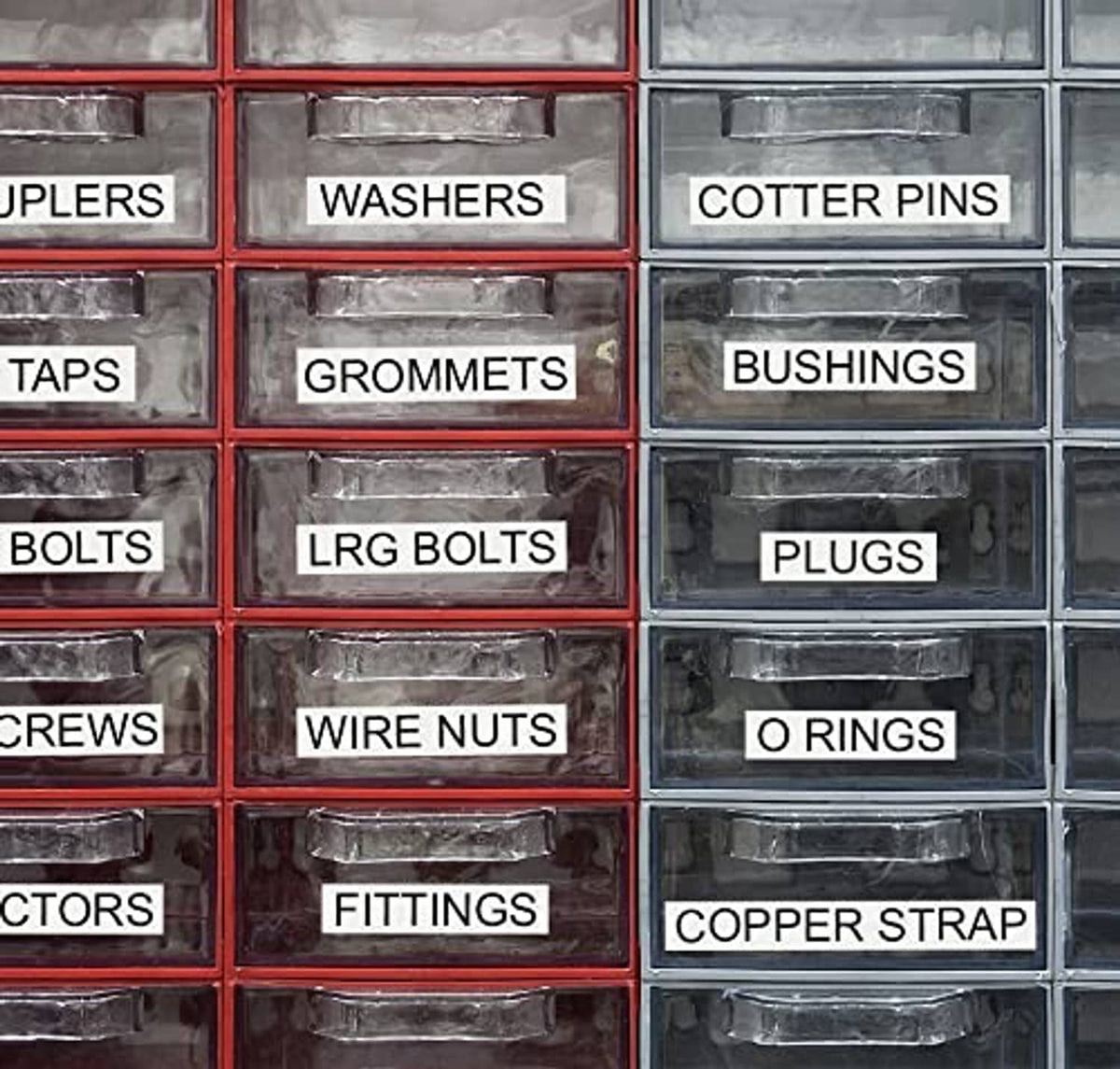Plastic parts organizer drawers labeled bolts, washers, taps, and bushings