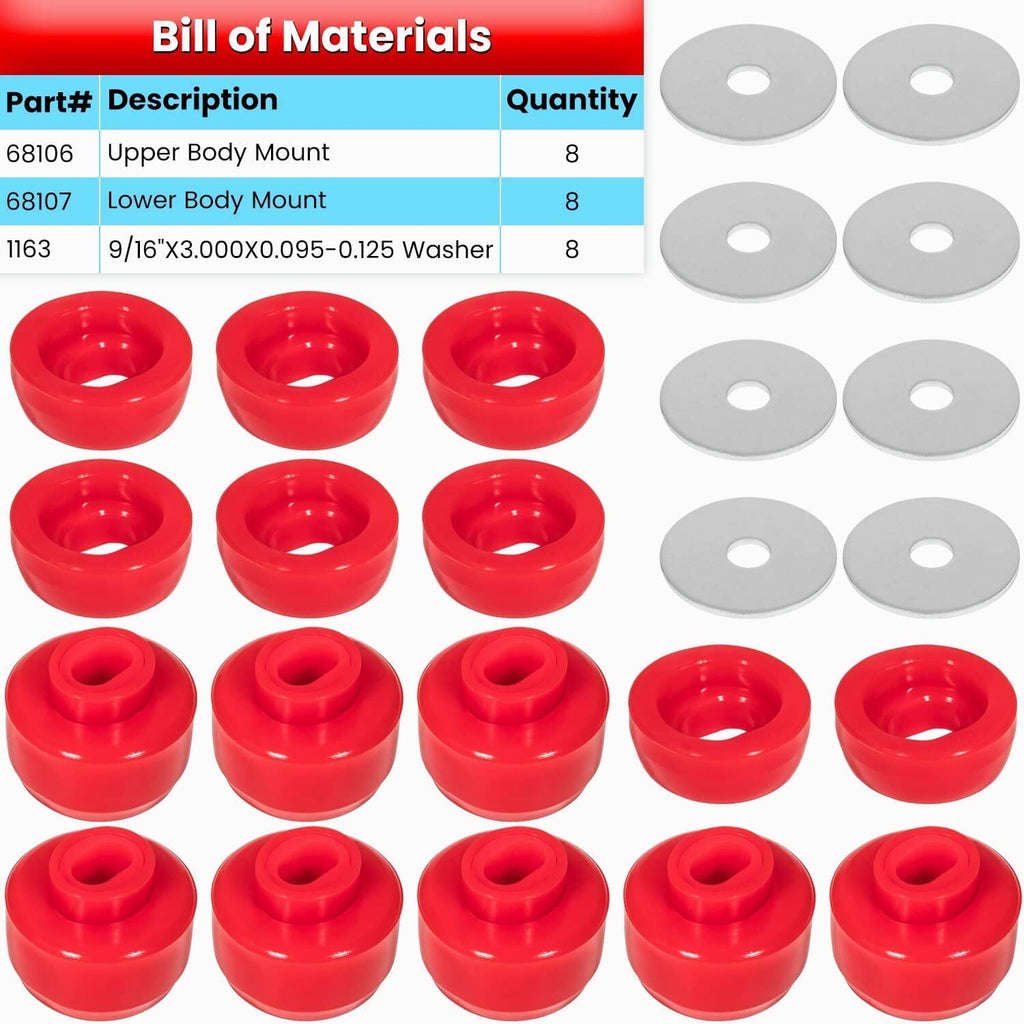 Silicone body cab mount bushing kit, multiple red bushings and gray washers