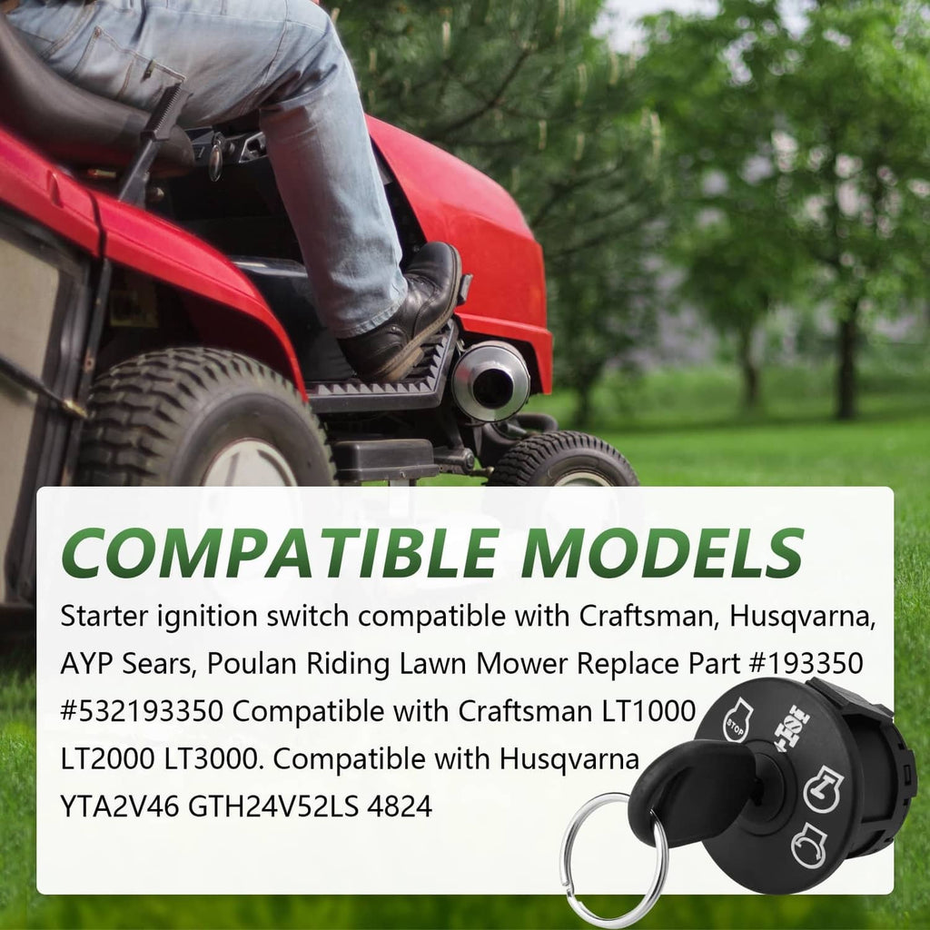 Lawn mower ignition switch with key, key rings, and carabiners