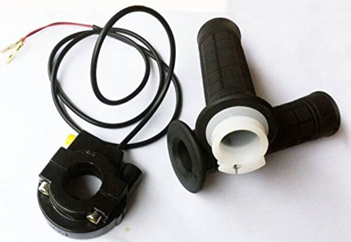 Bicycle throttle kill switch kit with black rubber grip, wiring, and sensor ring