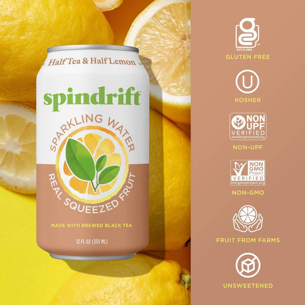 Half tea & half lemonade sparkling water can with lemon fruit and gluten-free badge