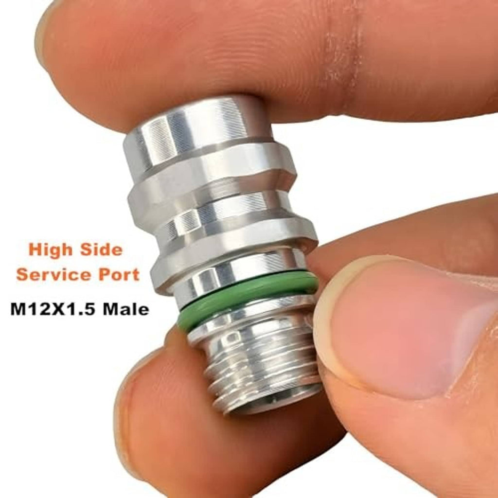 Metal A/C service port fitting with green O-ring and threaded male end