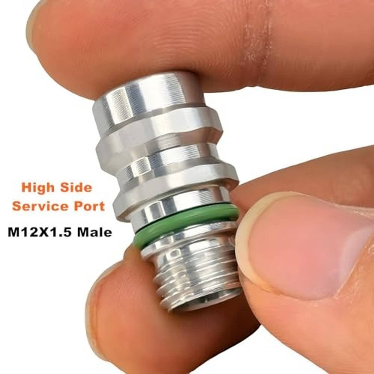 Metal A/C service port fitting with green O-ring and threaded male end