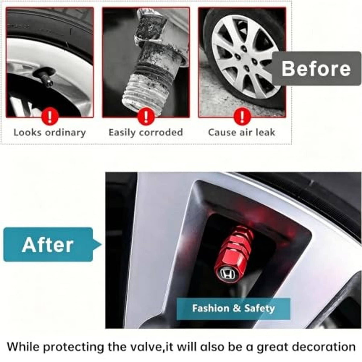 Red tire valve stem cap installed on a wheel, showing protection from corrosion