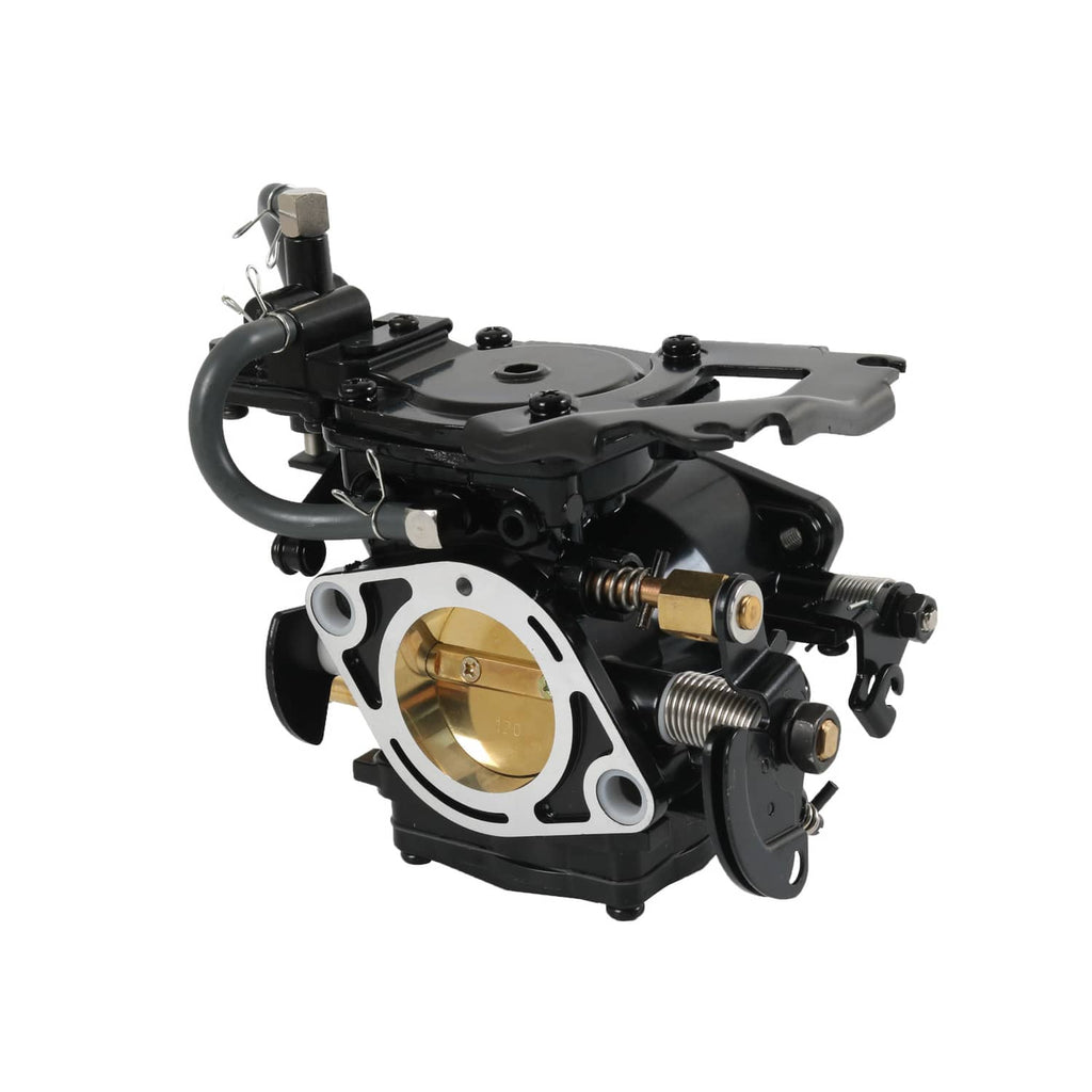 Black carburetor assembly with round throttle body and gold-toned fittings