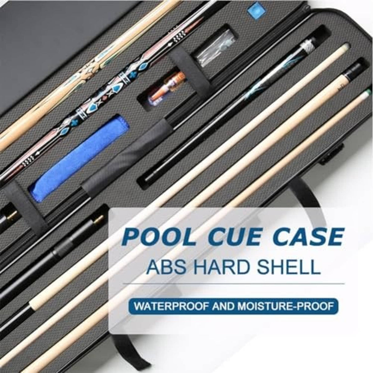 Open pool cue case interior with cue rows, blue foam inserts, and black dividers.