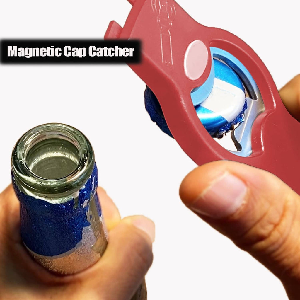 Red magnetic cap catcher opener shown near a bottle cap