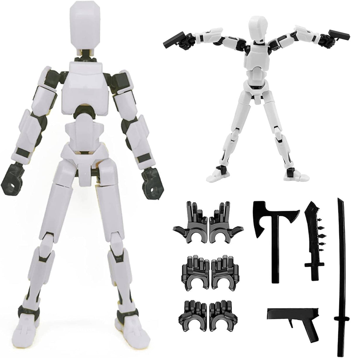 White articulated action figure robot with black accessories and weapon assembly pieces