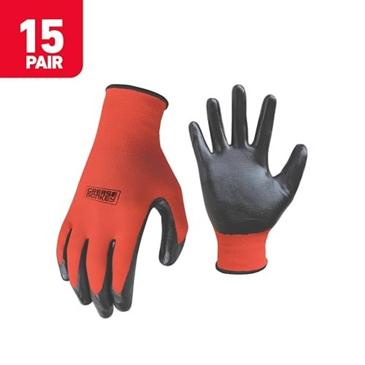 Pair of nitrile-coated work gloves in orange with black palm coating, medium-large