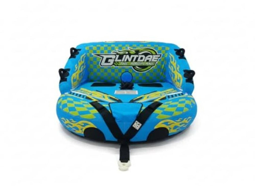 Two-person inflatable towable tube, blue and yellow graphic top with GLINTDAE logo