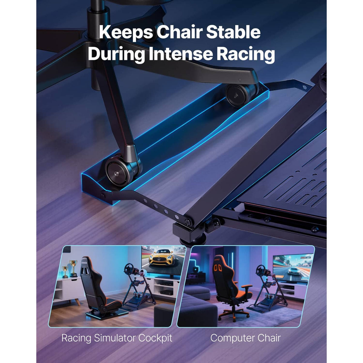 Racing wheel stand base with suction cups and support legs for stability