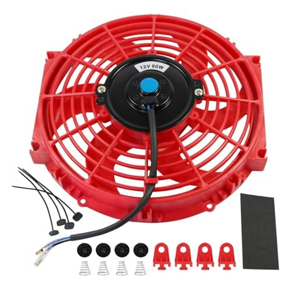 Red 10-inch radiator cooling fan with black hub, wiring leads, and included connectors