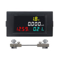 Black digital panel power/energy monitor with red, blue, yellow LED readings and screw terminals