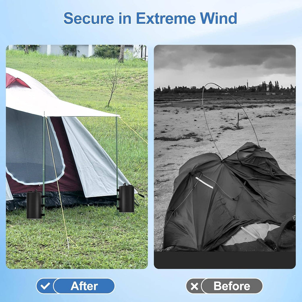 Black water weight bag securing a canopy pole with strap attachments in strong wind