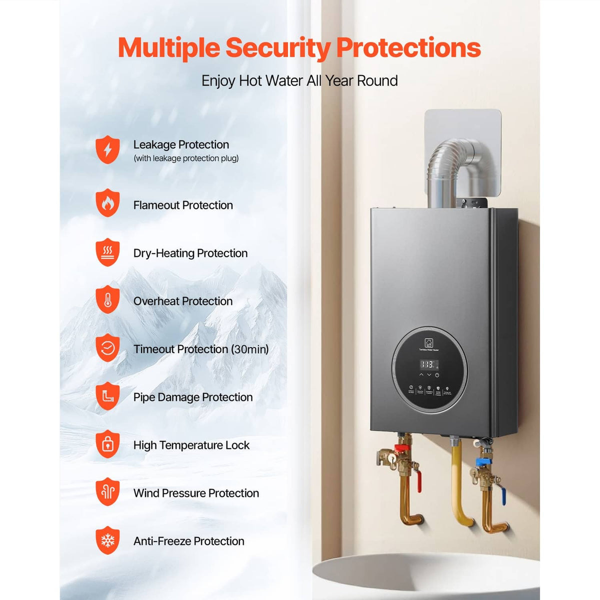 Propane tankless water heater on wall mount showing safety protection system icons
