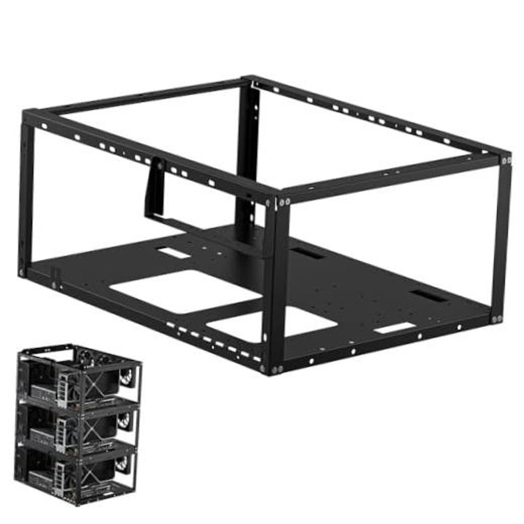 Open frame PC test bench with two tiers and black metal rack frame