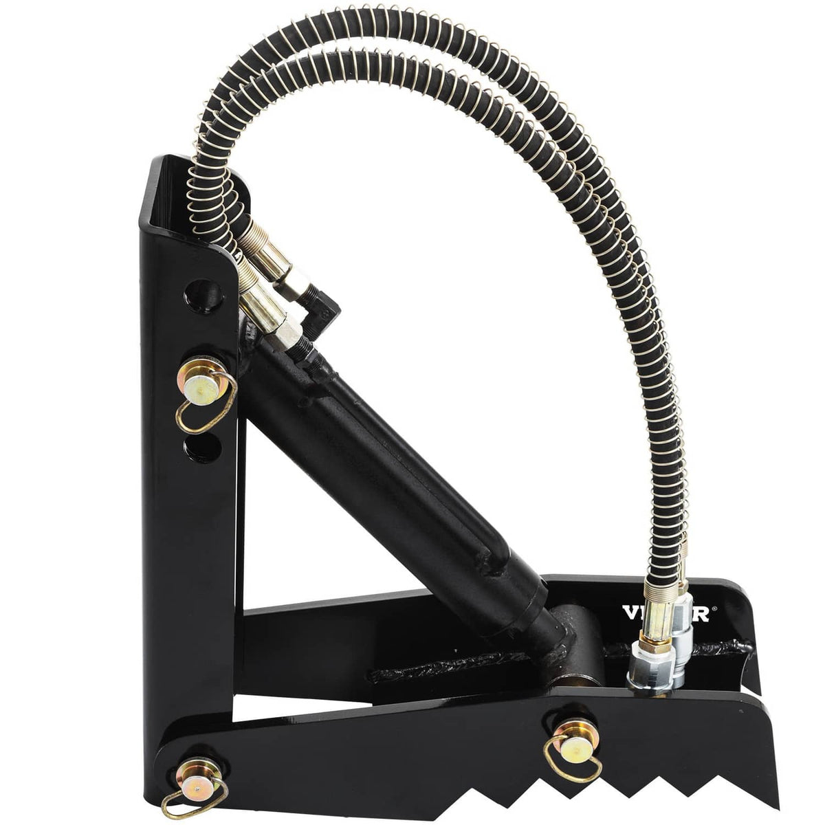Black steel excavator thumb claw with 1/2 inch hydraulic hoses and mounting pins