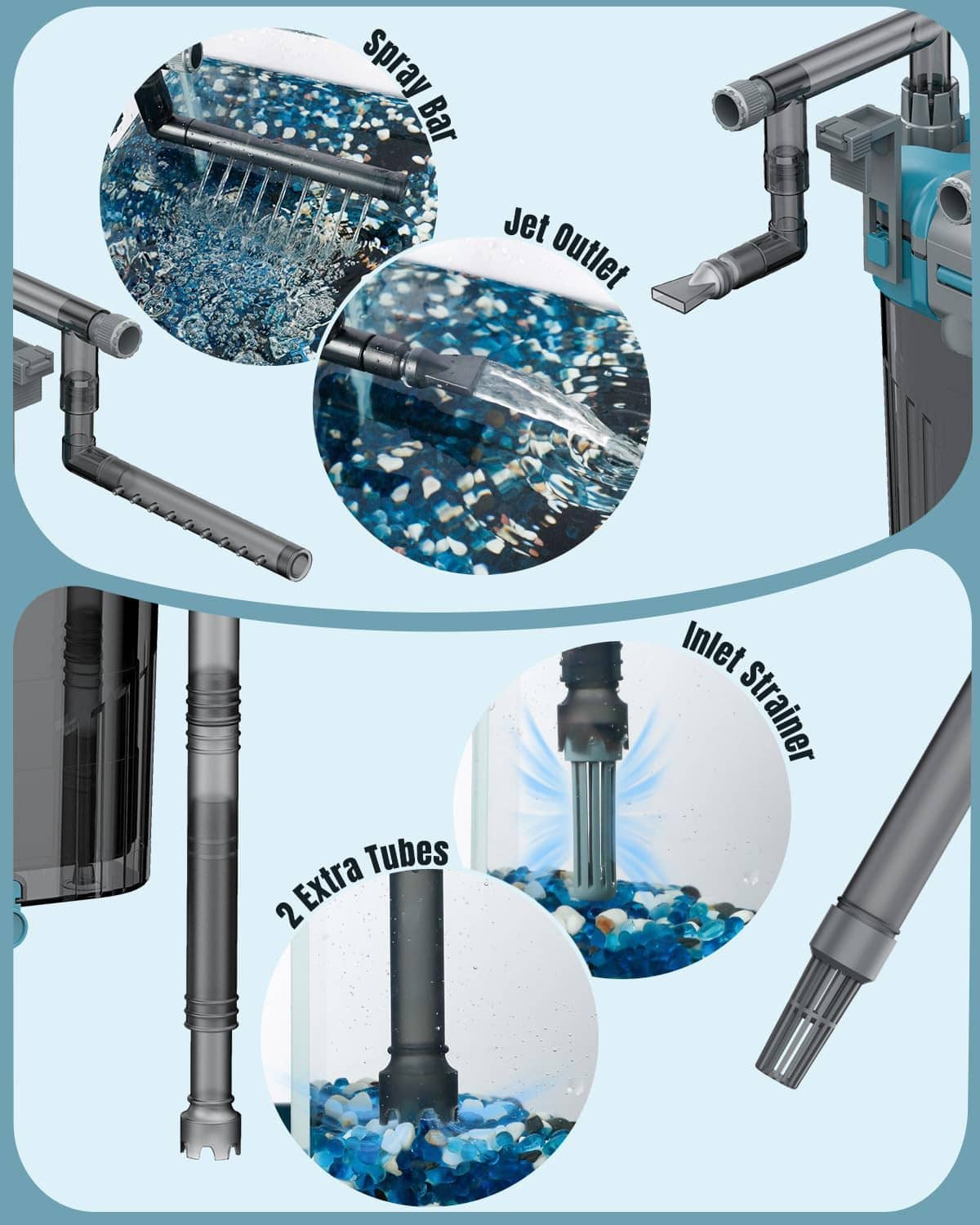 HOB aquarium filter parts: spray bar, jet quiet outlet, inlet strainer, extra tubes