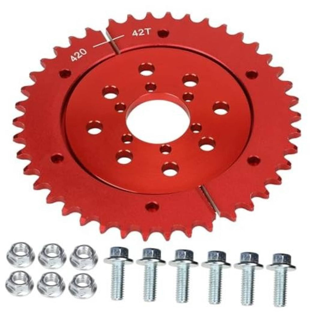 Red 42T split chain sprocket with mounting holes and center bore for 420 chain