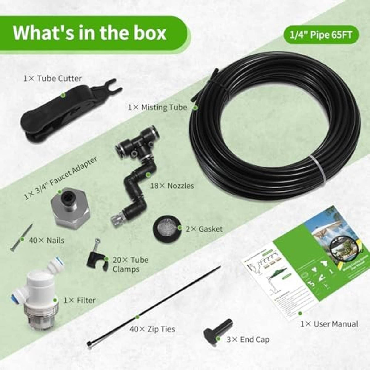 Misting kit contents in box: tube, 18 nozzles, filter, fittings, zip ties and manual