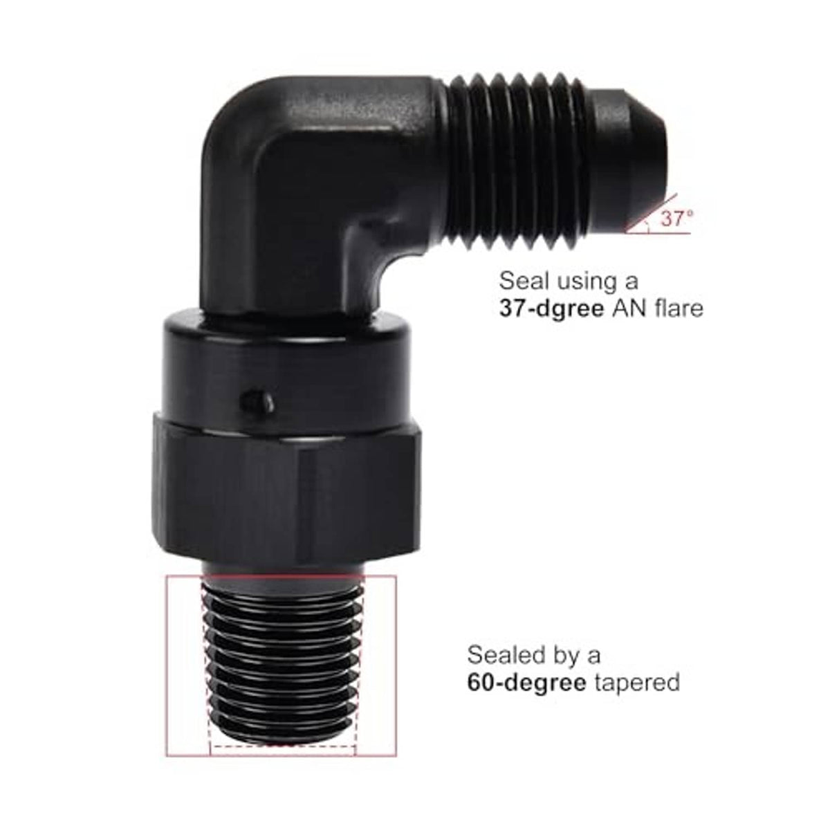 90-degree swivel fitting adapter, black body, flared and NPT sealing surfaces