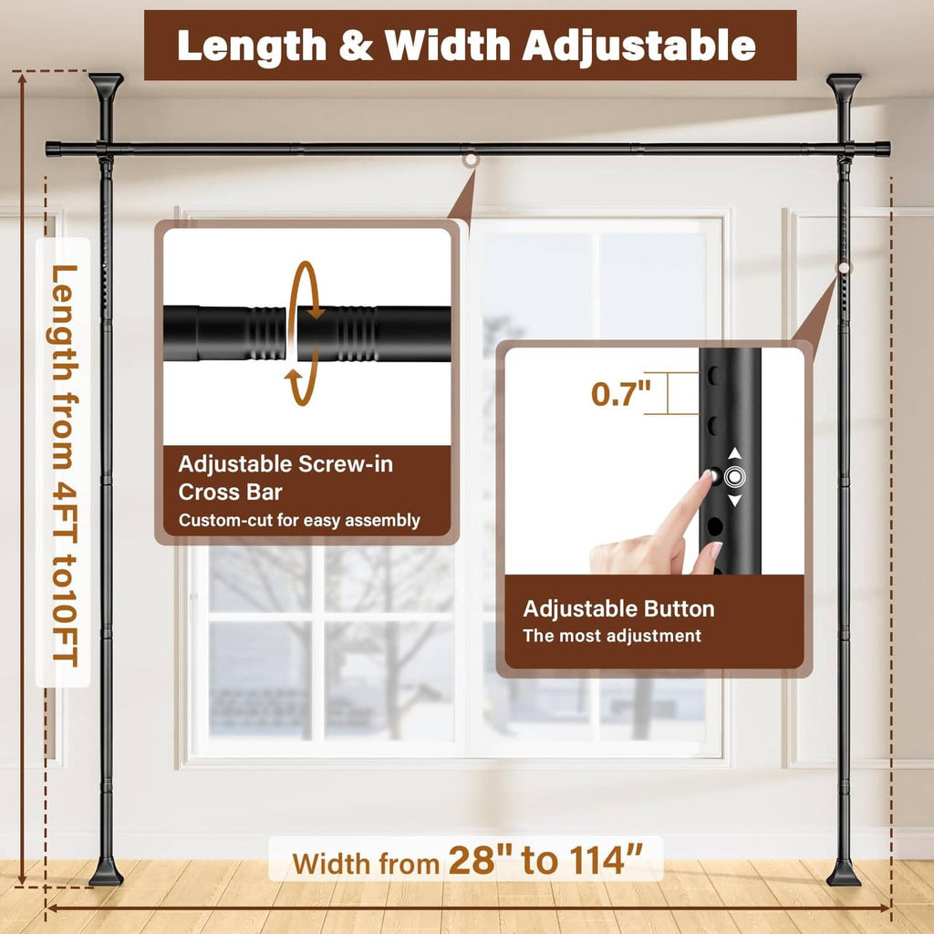 Adjustable black curtain rod hardware diagram with length range bracket and buttons