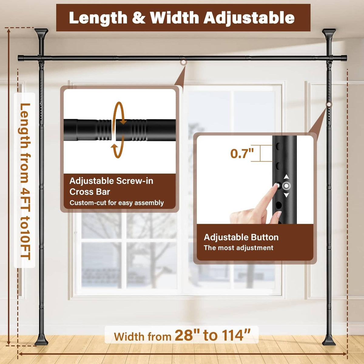 Adjustable black curtain rod hardware diagram with length range bracket and buttons
