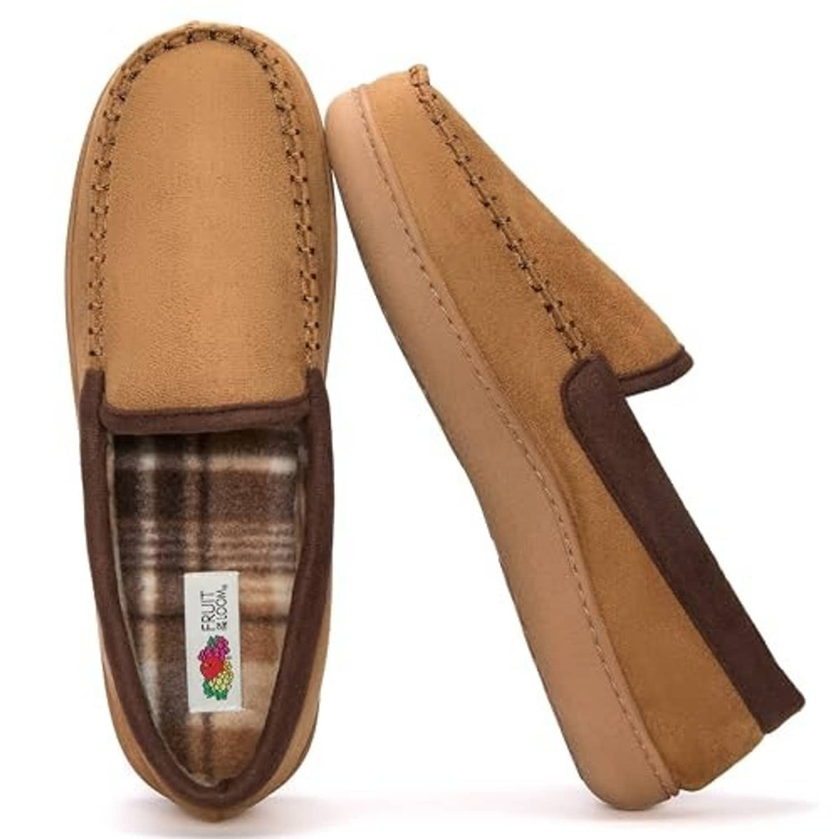 Tan microsuede slip-on slippers with dark brown panel and padded collar
