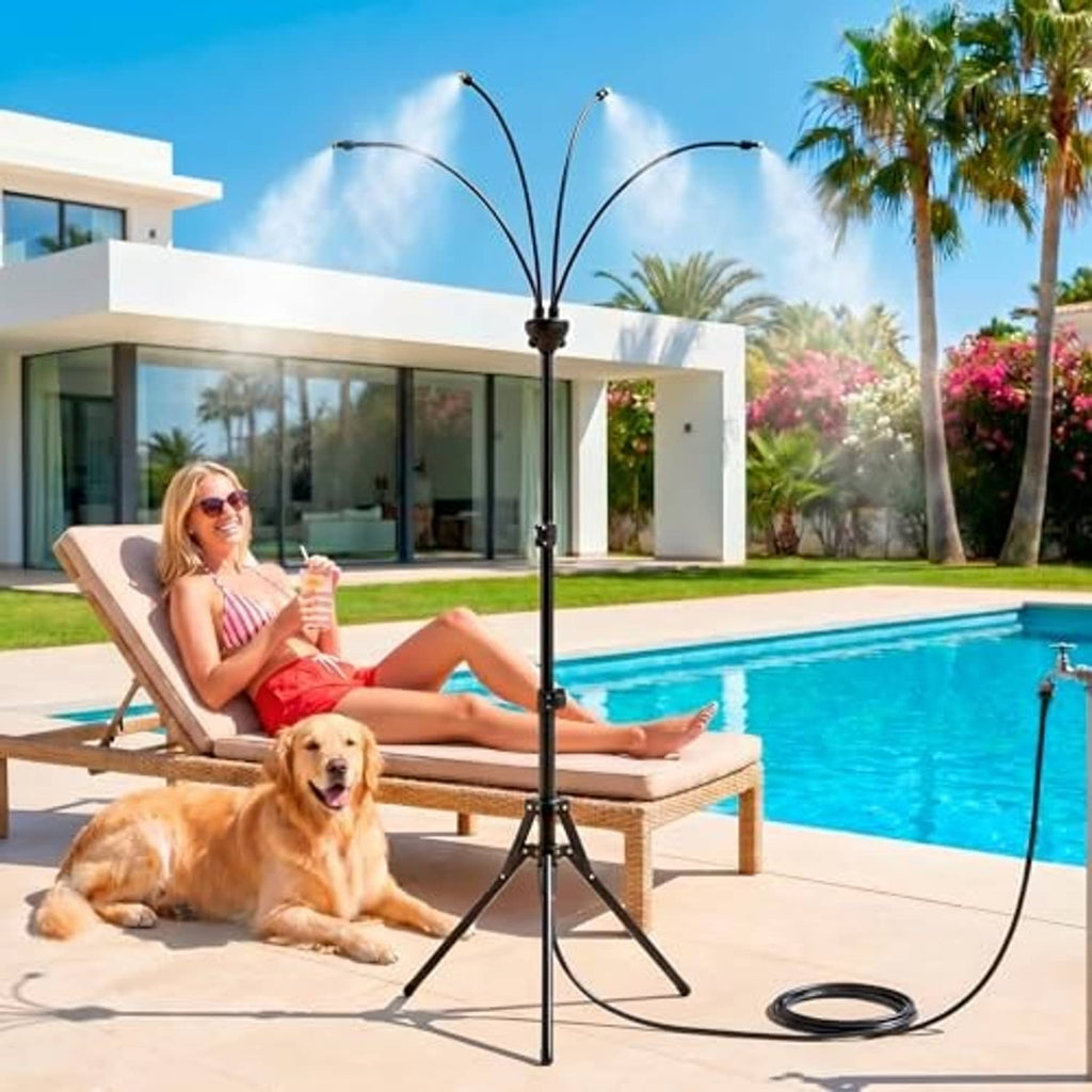 Height-adjustable misting stand with curved nozzle arms, tripod base, and garden hose