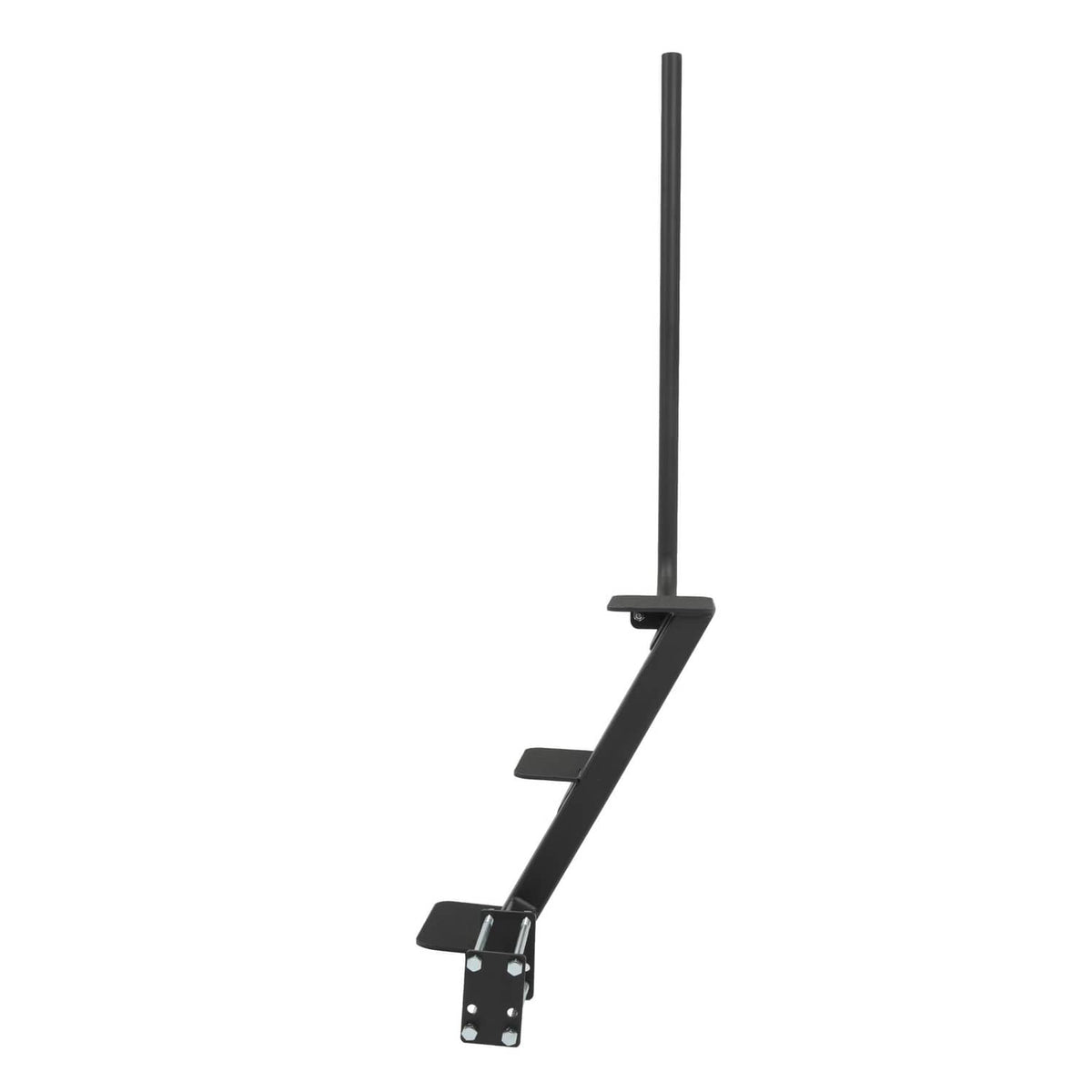 Black trailer ladder with three steps and curved handle, underside mounting plate