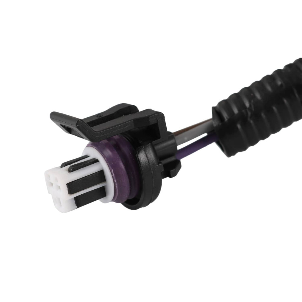 Wire harness connector with black housing and two-pin white plug