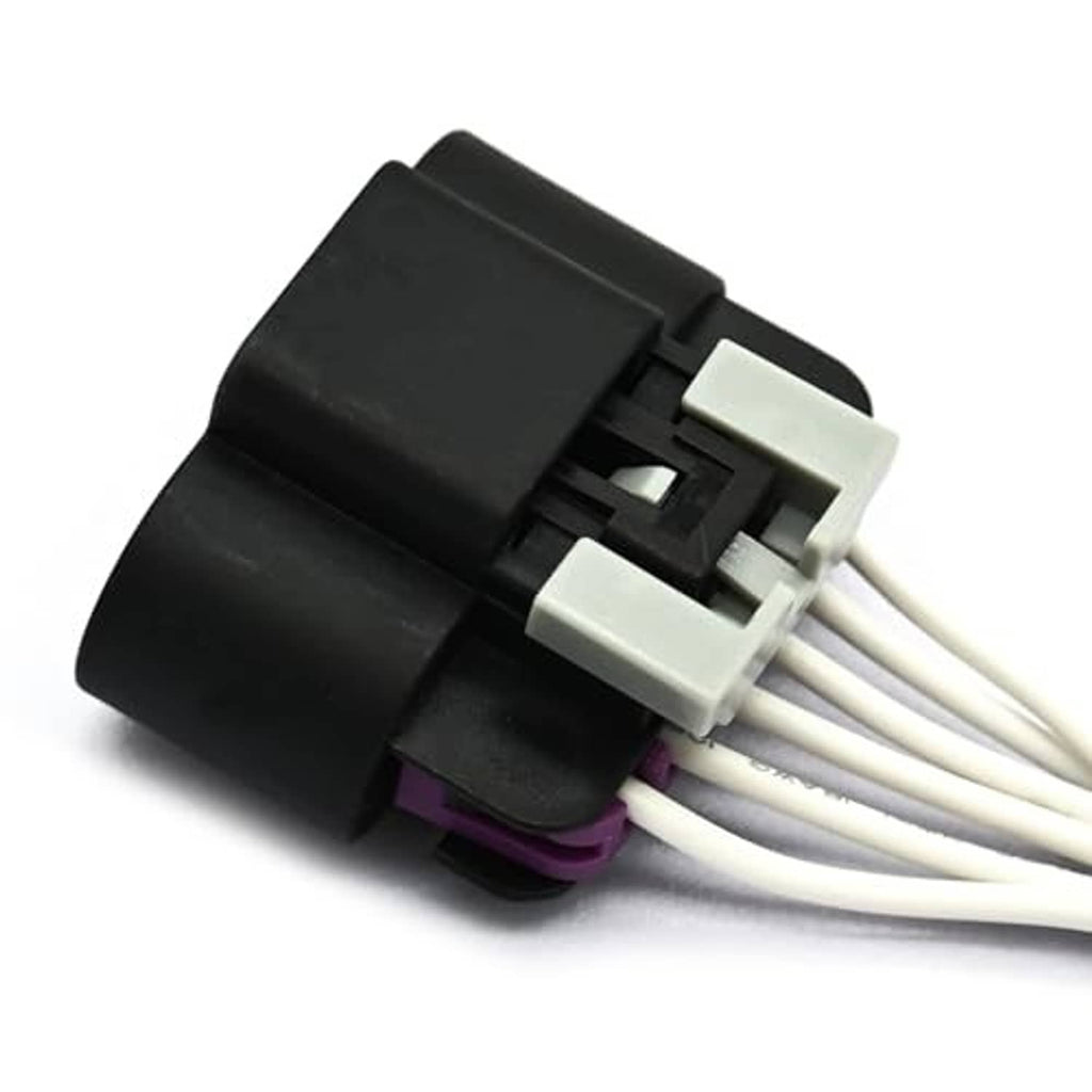6-pin electrical connector plug with black housing and multiple white wire leads