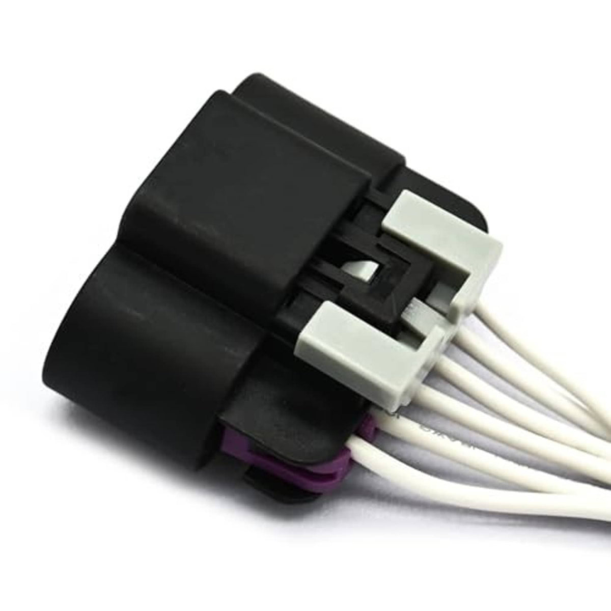 6-pin electrical connector plug with black housing and multiple white wire leads