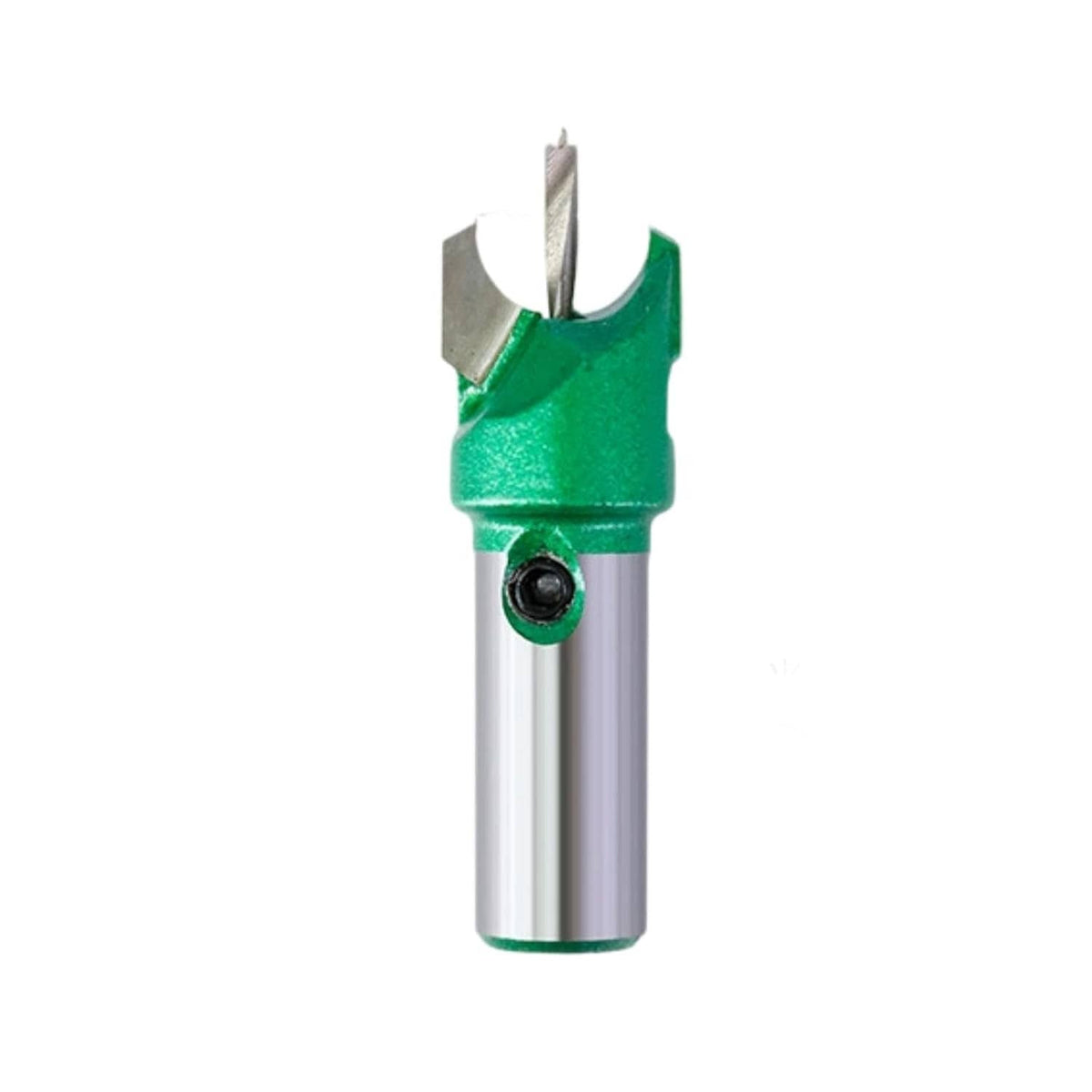 Green woodworking router bit with silver shank and carbide cutting tip for bead drilling