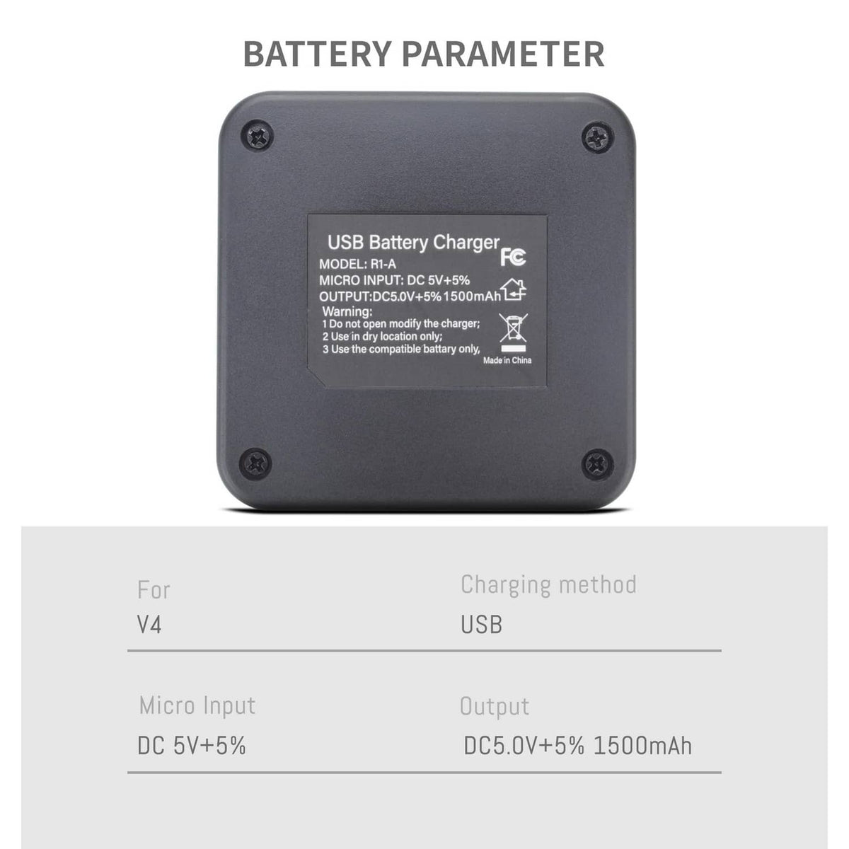 Back of USB battery charger with printed label and four corner screws, dark gray