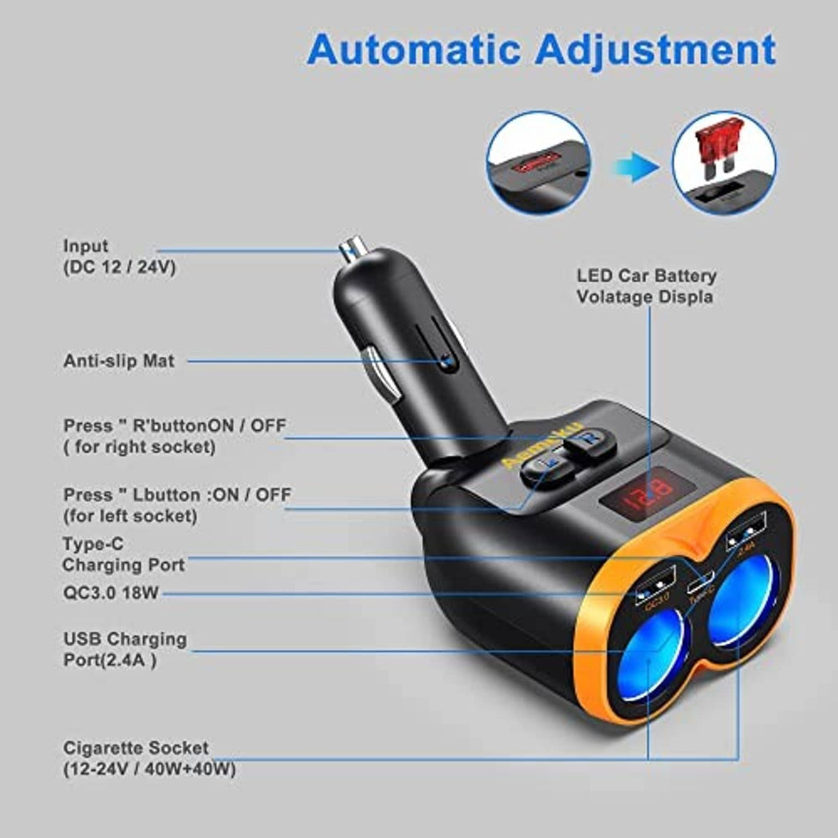 Black-and-orange car charger with blue ports, LED display, and Type-C charging port