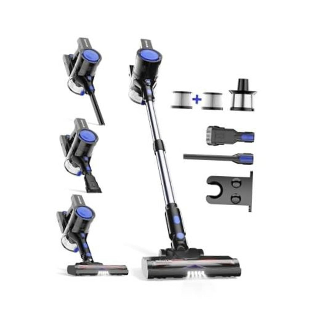 Cordless stick vacuum cleaner with floor nozzle and blue circular dust filters