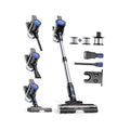 Cordless stick vacuum cleaner with floor nozzle and blue circular dust filters