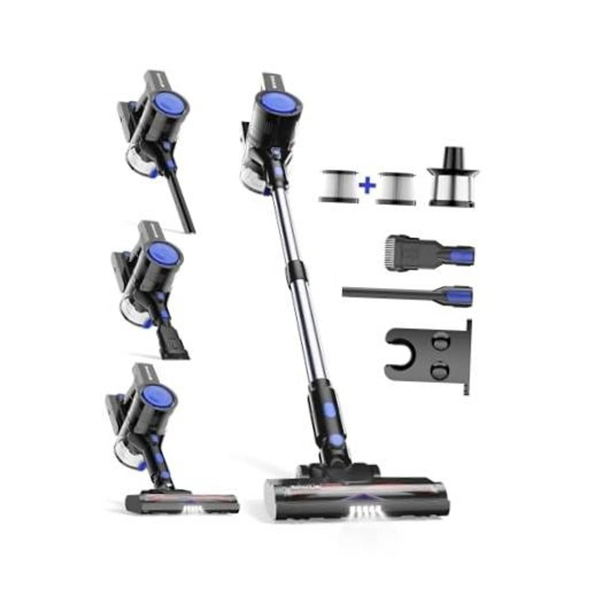 Cordless stick vacuum cleaner with floor nozzle and blue circular dust filters