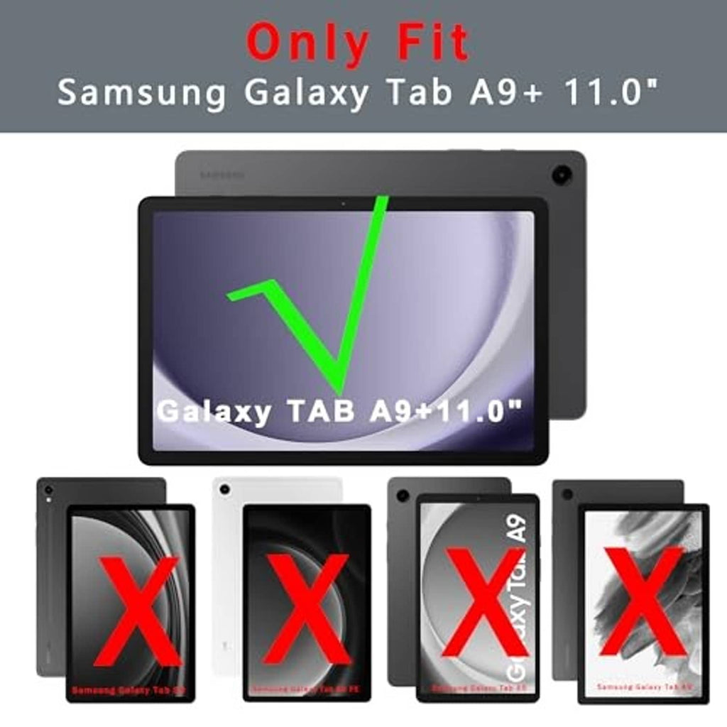 Tablet keyboard case with stand, screen visible, dark frame with check overlay
