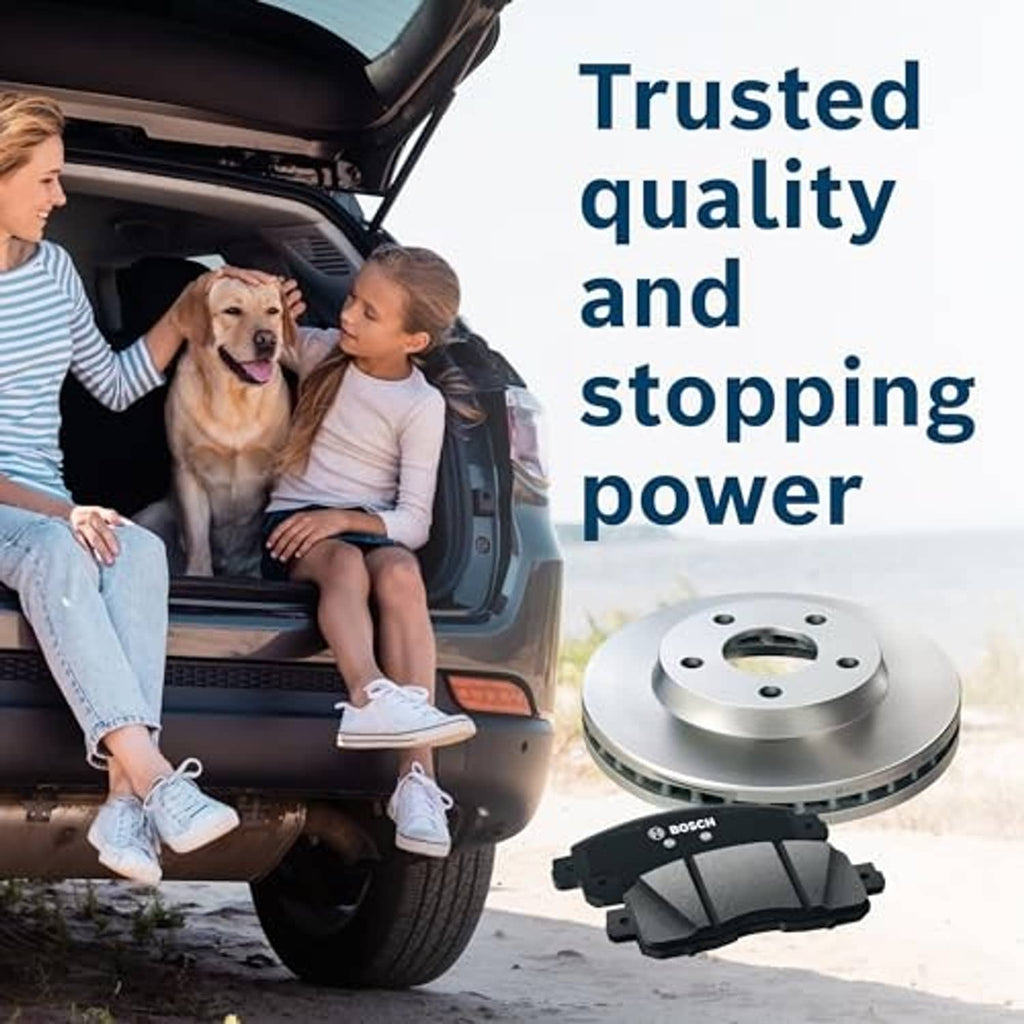 Disc brake rotor and brake pads set with BOSCH label, on vehicle