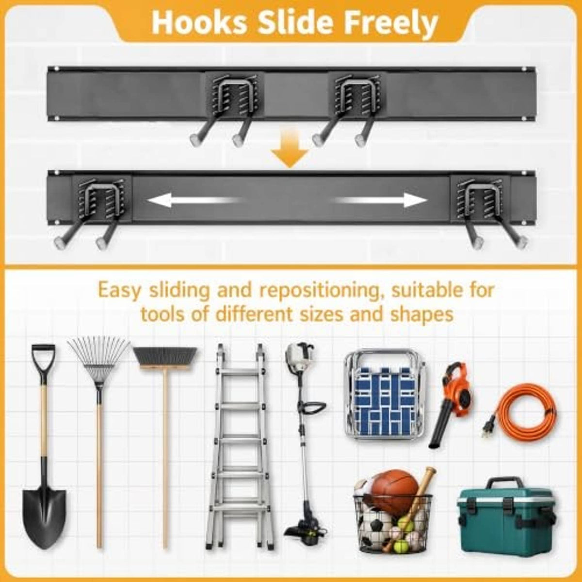 Black wall rack with multiple sliding hooks for organizing tools of different sizes