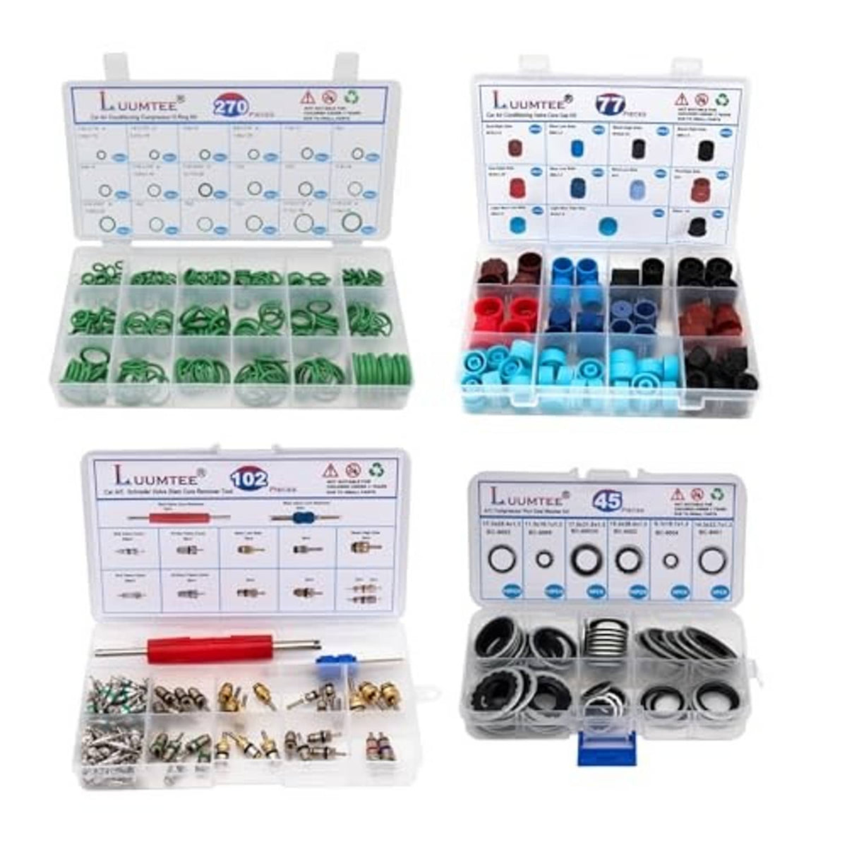 A/C O-ring and valve core repair kit in four labeled compartments with mixed seal colors
