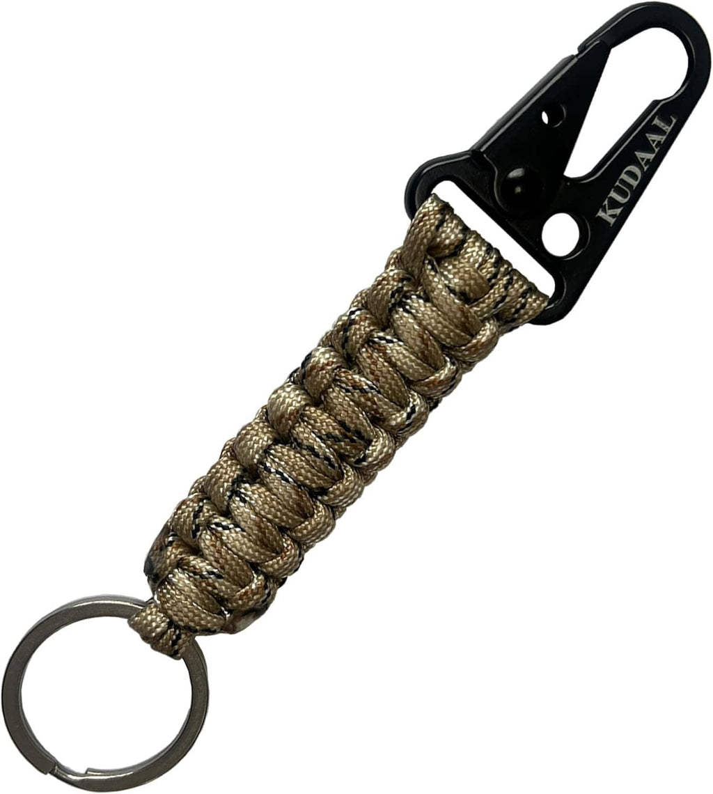 Braided paracord lanyard strap with black clip and metal keyring; tan weave detail