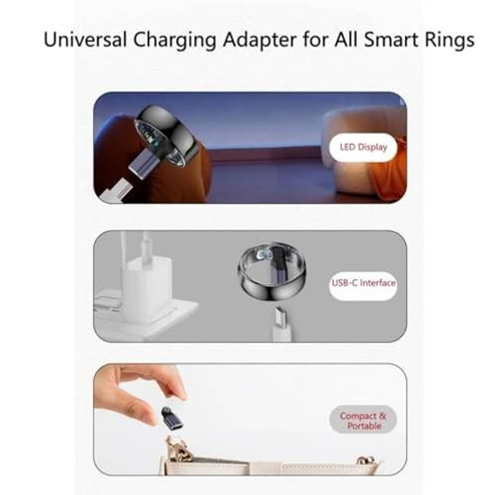 Magnetic smart ring charger adapter with USB-C interface shown charging a ring