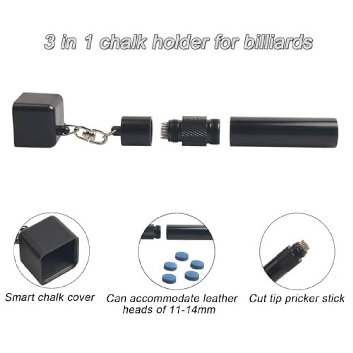 3-in-1 cue tip shaper with cube holder, thread cutter tip, and chalk slots