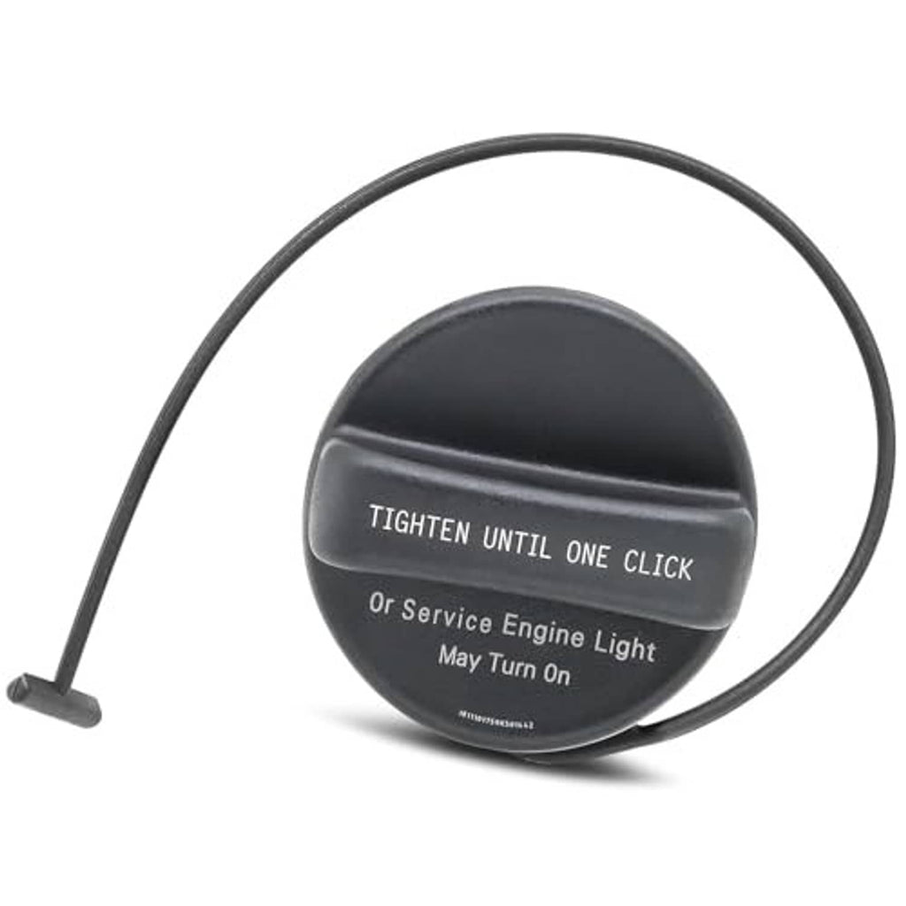 Black fuel gas cap with tethered handle, showing 'Tighten until one click' text