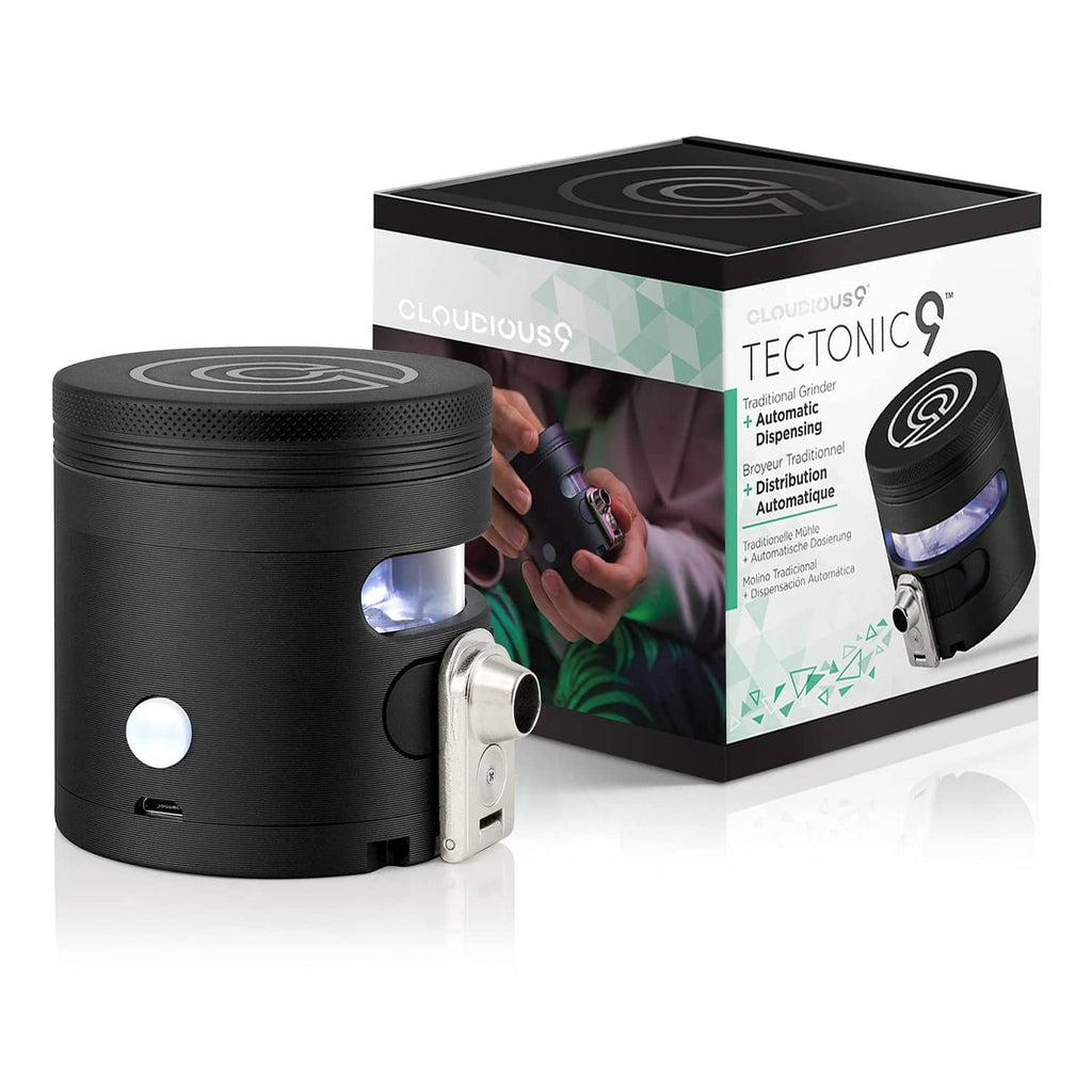 Black automatic grinder dispenser with product box packaging and glowing LED viewing window