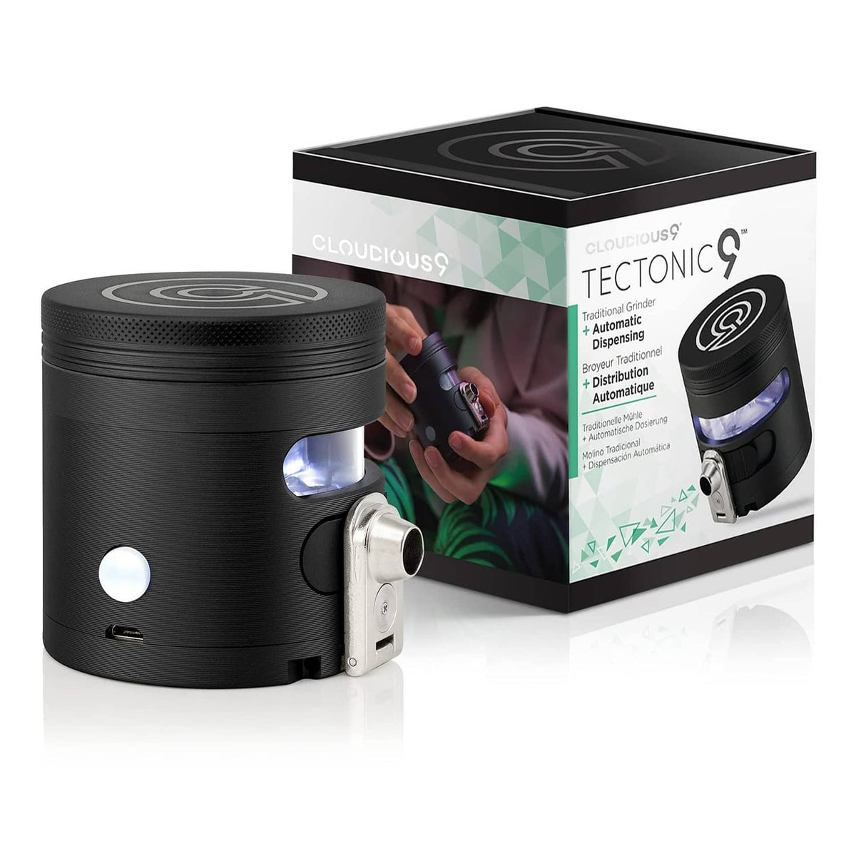 Black automatic grinder dispenser with product box packaging and glowing LED viewing window