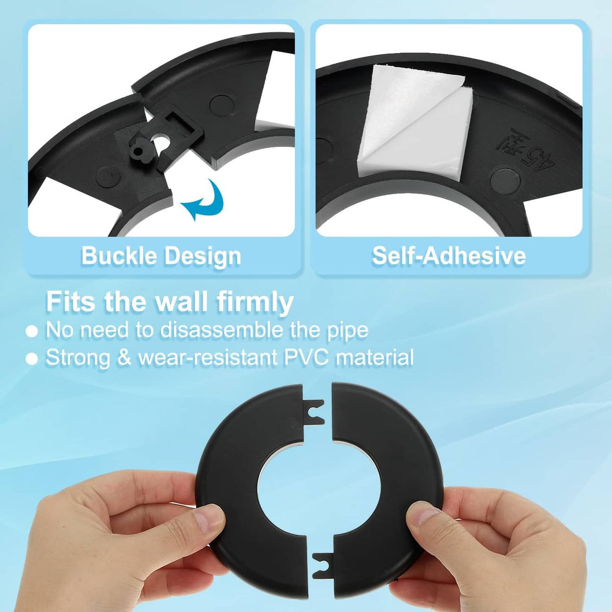 Black split flange with visible buckle tabs and adhesive backing detail